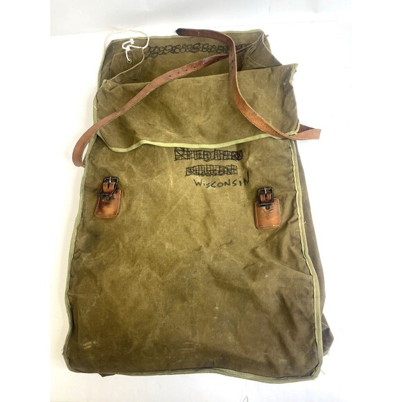 Vtg Woods Canoe Bag Canvas w Leather Straps Canada Made Backpack Sack Duluth Bag - Picture 2 of 16